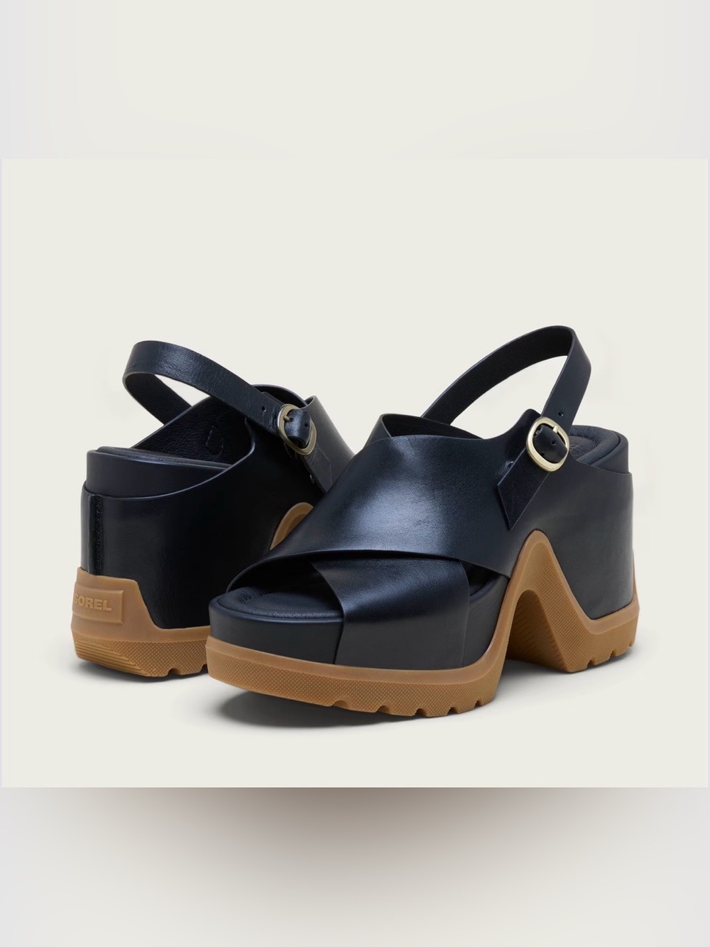 Sorel Roam’n Rise Heel - Black Leather Platform Slingback Sandals